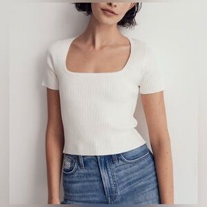 Madewell White Ribbed Square-Neck Short Sleeve Top